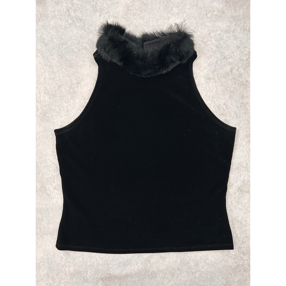 Two Roads Black Velvet Faux Fur Trim Sleeveless High Neck Top Keyhole Back